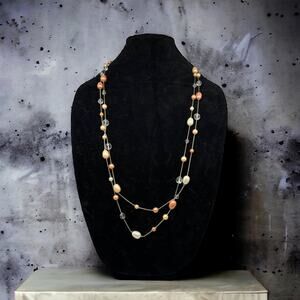 Elegant Peach and Silver Multi-Strand Beaded Necklace
